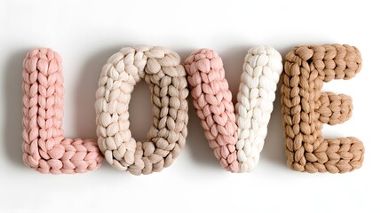 The Word LOVE Spelled Out in Chunky Knitted Yarn Letters. Cozy, Handmade, and Valentine's Day Concept.