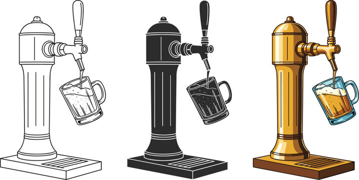 Beer tap with beer mug isolated on white background set of beer taps in different styles beer dispenser with beer glass vector illustration of beer tap