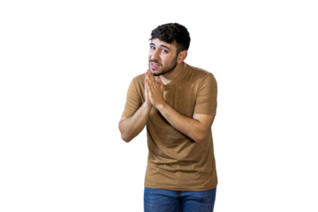 Sly man scheming and plotting, rubbing hands together in anticipation on white background. PNG