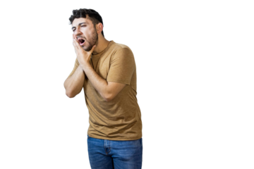 Man suffering from strong toothache touching cheek with hand. PNG