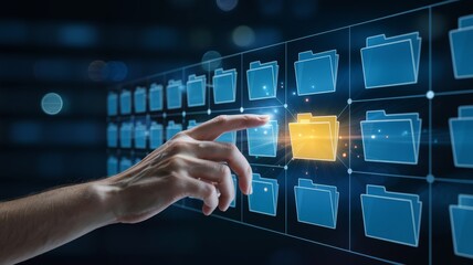Hand selecting yellow folder icon on digital data interface screen
