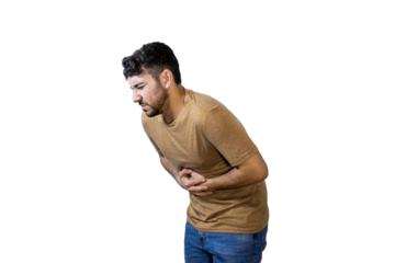 Young man suffering from strong stomach ache on white background. PNG