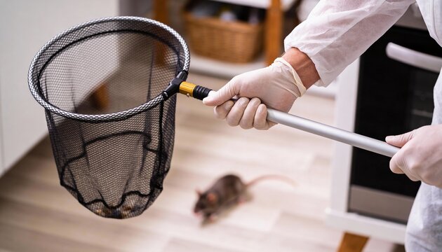 Pest control worker in protective suit capturing a rat indoors using a long-handled net.