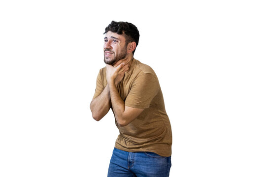 Young man suffering from sore throat and choking. PNG