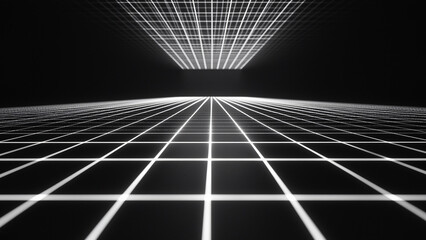 Digital grid perspective with light lines vanishing into dark infinity abstract futuristic technology data flow