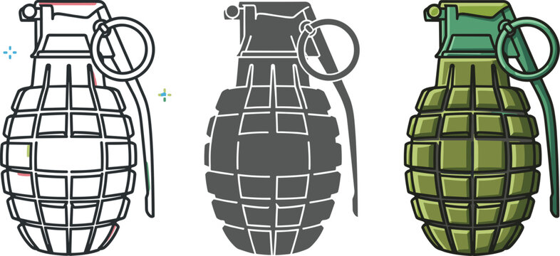 Grenade illustration set isolated on white background collection of hand grenade in different styles military weapon, explosive device, bomb concept