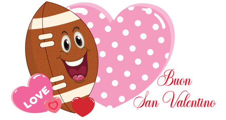 Cute cartoon American football character with hearts and love messages. Football love illustration ideal for Valentine&rsquo;s Day greeting cards, romantic sports designs, stickers and prints.