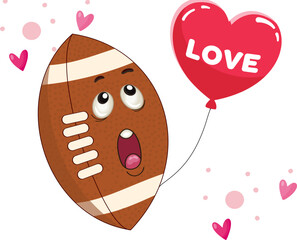 Cute cartoon American football character surrounded by hearts and love messages. Ideal for Valentine&rsquo;s Day greeting cards, romantic sports designs, stickers, prints and digital decorations.