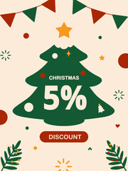 Christmas discount banner design with Christmas tree shape and 5 percent sale text. Suitable for Christmas sale promotion, marketing, retail discount, online shop banner, social media post, flyer