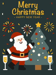Merry Christmas and Happy New Year greeting illustration featuring Santa Claus standing next to a decorated Christmas tree with fireworks and festive elements. for greeting card, celebration, banner, 