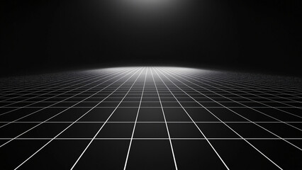 Abstract dark background with a glowing perspective grid and subtle light source, digital 3d rendering