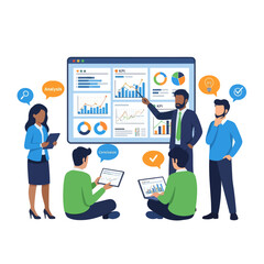 Business professionals analyzing complex data on digital screens during a team meeting with