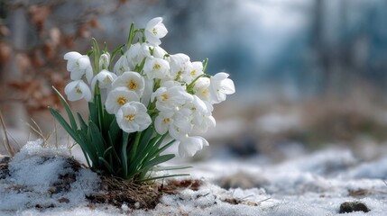 Delicate white snowdrop flowers emerging from the snow