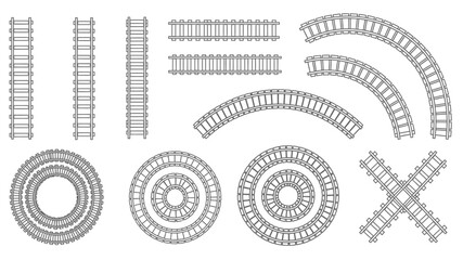 A collection of various train track pieces in a simple black and white illustration © SERINA AKTHER