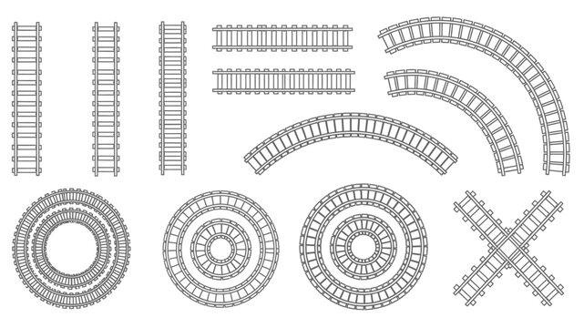 A collection of various train track pieces in a simple black and white illustration