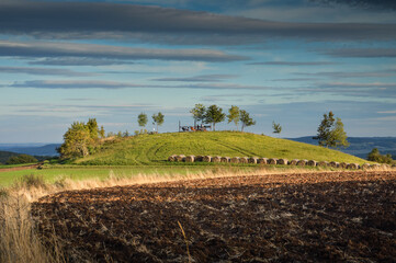 Landscape of the Land of Extinct Volcanoes at golden hour, Jozkowa Gora lookout point, Lower Silesia
