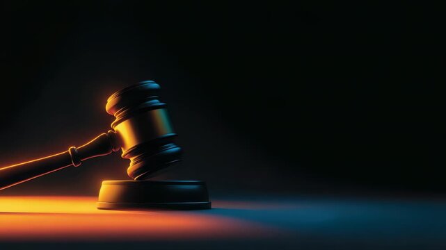 A dark wooden gavel rests on its sound block against a black background lit with warm and cool light