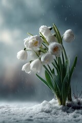 Delicate white snowdrop flowers emerging from the snow