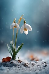 Delicate white snowdrop flowers emerging from the snow