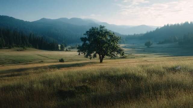 A lone oak tree stands in a misty meadow with rolling hills and forest in the background