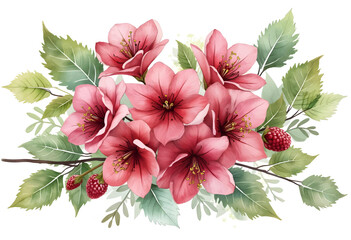 A cluster of vibrant pink flowers featuring delicate petals and green leaves, complemented by clusters of raspberries for a striking natural arrangement that exudes beauty.