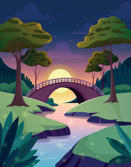 Fantasy sunset landscape with stone bridge and river