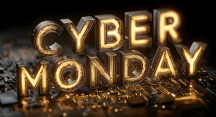 Cyber Monday text 3D render with glowing digital circuit board background. Holiday shopping event for online consumer sales and promotions.