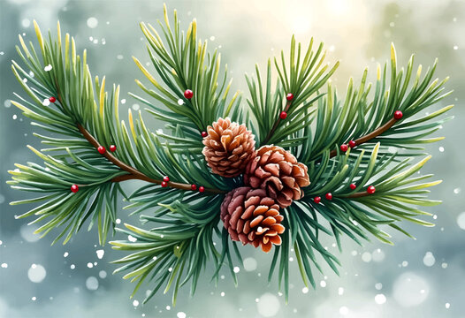 A lush pine branch displays rich green needles and decorative cones, complemented by vibrant red berries, all set against a gentle snowfall in a serene winter setting.
