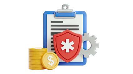 Medical Insurance Concept: Shield, Clipboard, and Money