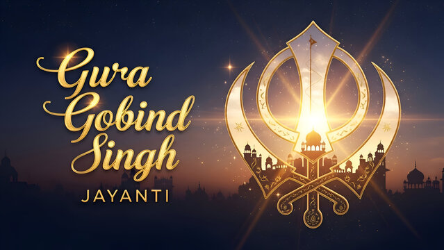 Guru gobind singh jayanti concept illustration featuring golden khanda symbol with spiritual light devotion faith sikh heritage culture history inspiration identity unity belief strength wisdom 