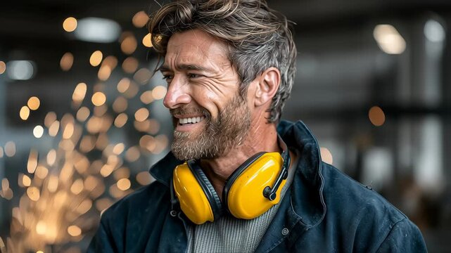A man wearing yellow earmuffs and a black jacket. He is smiling and looking at the camera