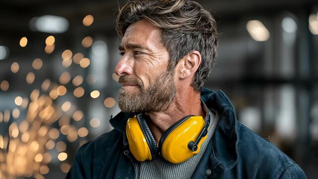 A man wearing yellow earmuffs and a black jacket. He is smiling and looking at the camera