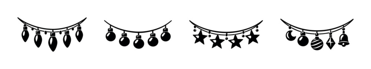 Obraz premium Holiday string decorations, ornaments and stars flat vector illustration