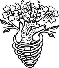 Obraz premium Floral anatomical heart illustration blooming flowers growing from human heart with intertwining vines, romantic surreal botanical line art