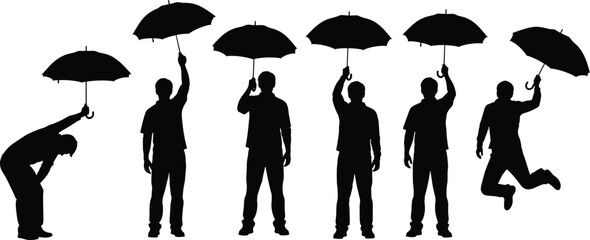 Man with umbrella silhouette set in various poses, person holding parasol for rain protection, feeling happy, isolated black vector illustration © SreeRupali