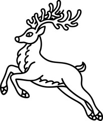 Fototapeta premium Jumping reindeer outline leaping stag line art illustration with antlers simple winter animal symbol for seasonal design