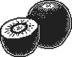 Obraz premium pixel art kiwi fruit illustration halved and whole tropical fruit icon with seeds, simple monochrome minimal graphic design