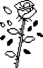 Fototapeta premium Pixelated rose illustration with falling petals retro black and white floral design in minimalist digital art on clean background