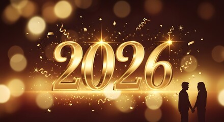 Romantic New Year 2026 celebration background with silhouette of a couple holding hands and glowing golden 3D numbers, Generative AI illustration.