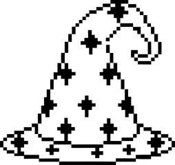 Obraz premium Curved wizard hat with star pattern, black and white pixel art magic accessory for fantasy games and retro digital design