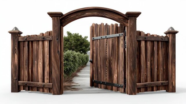 A wooden gate with a door is open, revealing a path. The gate is old and weathered, giving the scene a rustic and nostalgic feel. The open gate invites viewers to explore the path beyond