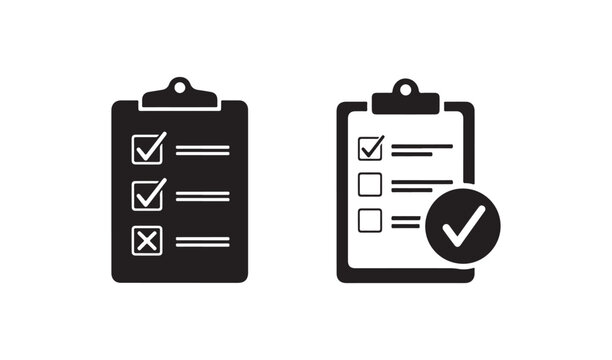 Set of clipboard icons in solid and outline styles with task checklists and success indicator badges