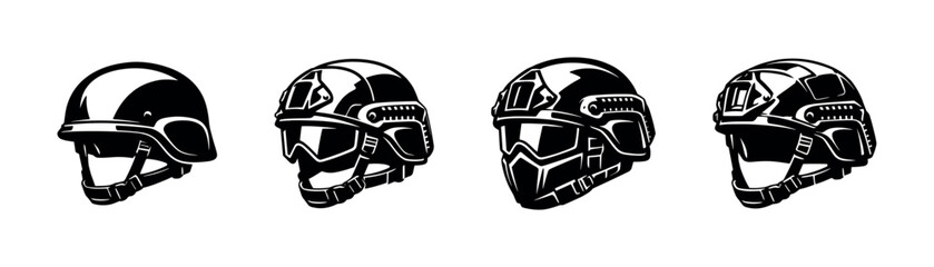 Military helmet designs, tactical gear collection, flat vector illustration