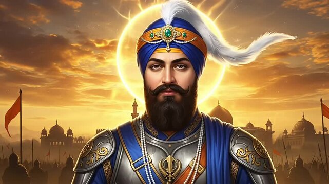 Guru gobind singh jayanti animation featuring sikh leader portrait with spiritual halo courage faith leadership sacrifice history and cultural identity for cinematic commercial storytelling