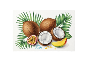 Hyper-detailed flat lay photograph capturing vibrant watercolor art: split coconuts, mango slices, passionfruit, and green palm fronds, all on textured white paper on gray, healthy nutrition concept