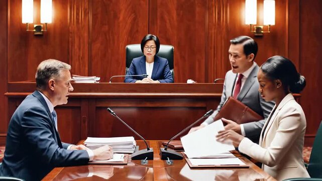 A group of professionals engaged in a meeting, with two men and a woman seated and standing around a large wooden table, while a woman sits behind the table