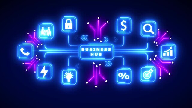 Business Hub Concept With Connected Icons And Neon Lights On Dark Background Keywords: business hub, technology, network, connection, communication, data, information, business, finance, security