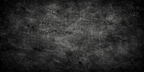 Fototapeta premium A dark and dirty vintage grunge wall background features a rough grey concrete texture with an aged stone pattern and black paint splatters on a blank textured surface