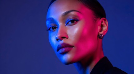 Young woman with cyber glam asymmetrical makeup in colorful lighting  
