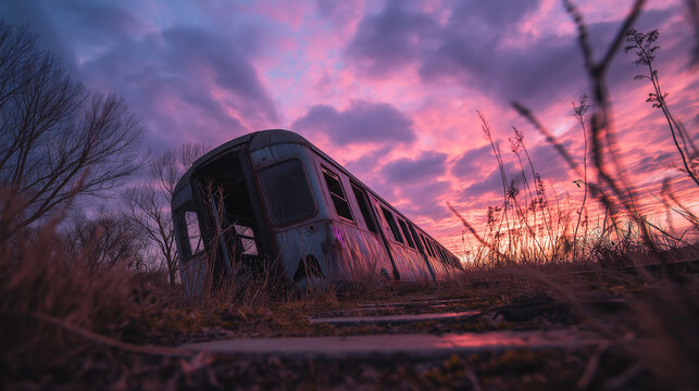 derailed. A derailed train carriage on its side on an abandoned overgrown railway. mobility guides, transit brochures, designed for mobility and urban transit guides, used by marketplace managers.